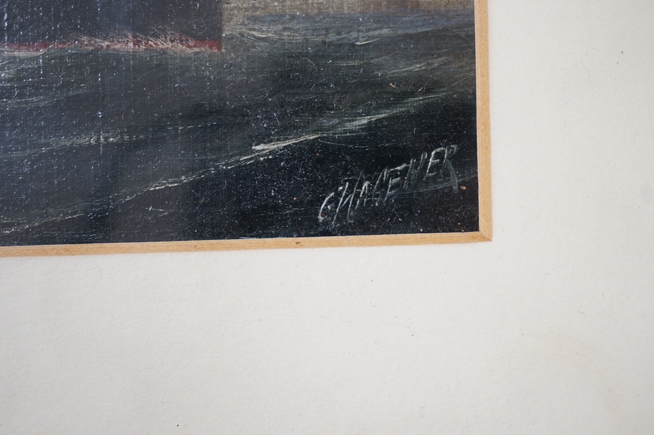 C. Hagener, oil on card, Steamship 'St Nicholas', signed, 10 x 15.5cm and a colour print after Birket-Foster of figures beside a tree